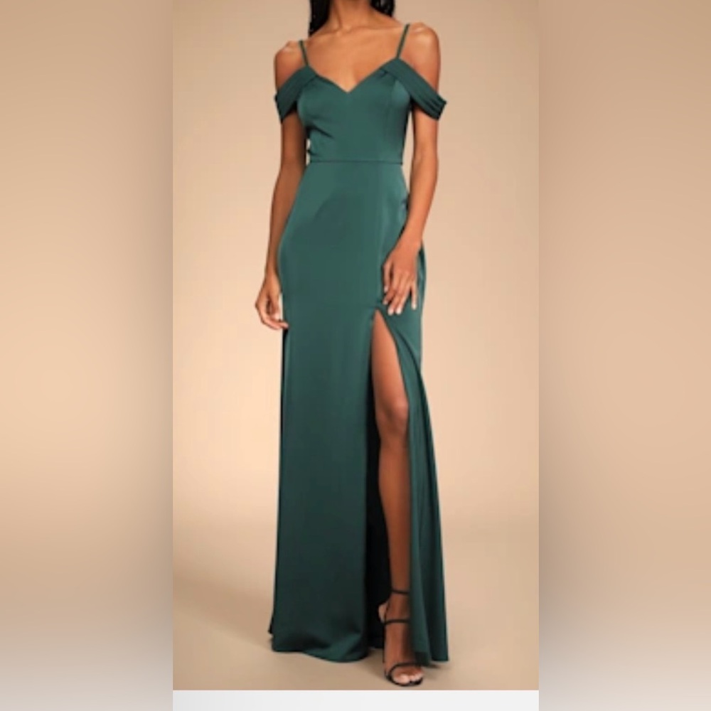 Lulu's Emerald Green Off-Shoulder Slit Gown
